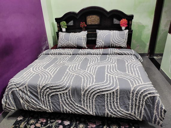 Tufted Grey Cotton Duvet Cover Set: Geometric Pattern, Modern Bedroom Decor