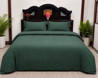 Forest Green Cotton  Duvet Cover Set Queen, 3 piece Bedding Set  Comforter Cover With 2 Pillows, Quilt Cover, Soft Breathable Bed Set
