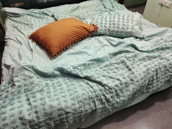 Sage Green Tufted Cotton Duvet Cover Set: Boho Quilt Cover Sets with Pillowcases