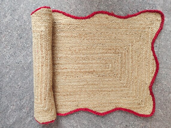 Handmade Jute Rug: Vintage Style Red Border Cotton Carpet (3x5 ft.)