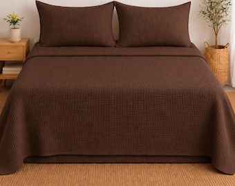 Sábana de gofre marrón chocolate, sábana bajera de algodón suave, sábana manta texturizada, funda de cama acogedora, juego de ropa de cama minimalista Queen King