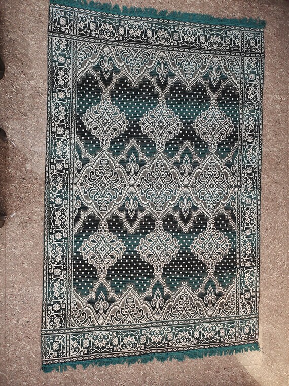 Handmade Cotton Rug 5x7: Green Floral Print Vintage Style