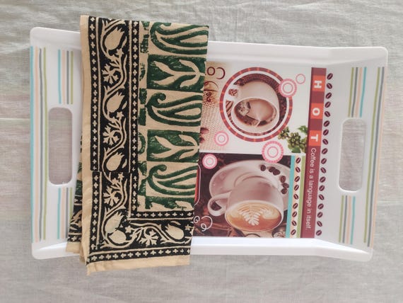 Block Print Cotton Napkins: Beige & Green Dinner Napkin Set