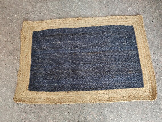 Handmade Jute Rug: Navy Blue Border, Cotton Accent - 3x5 ft