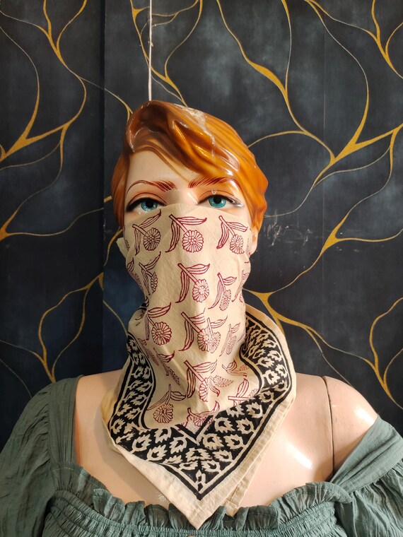 Cream Block Print Cotton Bandana: Bohemian Style Neck Scarf