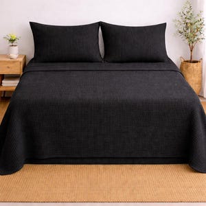 Black Waffle Bed Sheet, Fitted Sheet Queen King, Cotton Bedding Set, Waffle Blanket Throw, Deep Pocket Sheet, Minimalist Modern Bedding