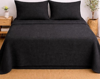 Lenzuolo nero a nido d'ape, lenzuolo con angoli elasticizzati matrimoniale/king size, set di biancheria da letto in cotone, coperta a nido d'ape, lenzuolo con angoli profondi, biancheria da letto moderna e minimalista
