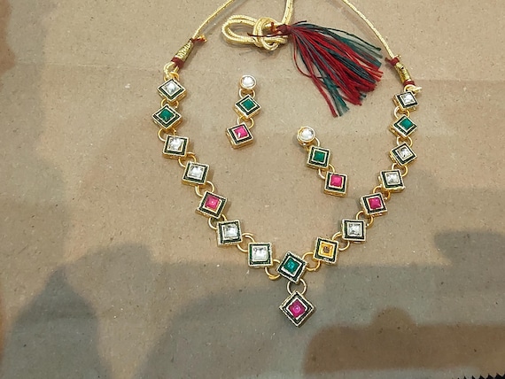 Gold Plated Polky Necklace Earring Set: Turquoise & Diamond Brass Jewelry