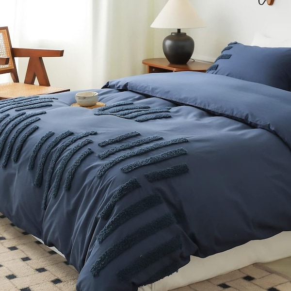 Tufted Cotton Bedding Set With 2 Pillow Cover Boho Duvet Cover Set Blue Color 4Corner Tie For Closure Button King Size Home Living Duvet