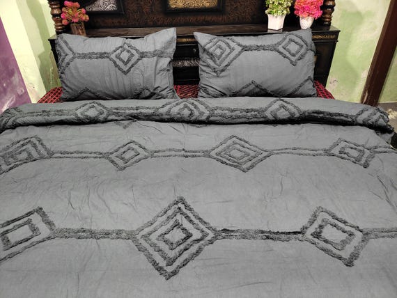3 Pcs Dark Grey Tufted Cotton Duvet Cover, Geometric Minimalist Bedding Set, Home Decor