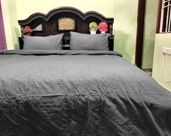 3 Pcs Charcoal Gray Cotton Duvet Cover, Solid King Size Bedding Comforter with Pillowcases,
