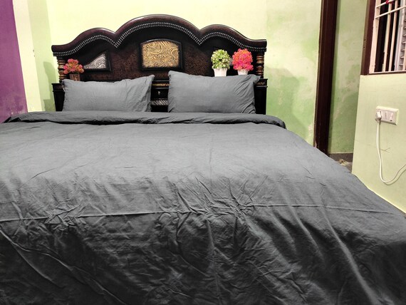 3 Pcs Charcoal Gray Cotton Duvet Cover, Solid King Size Bedding Comforter with Pillowcases,