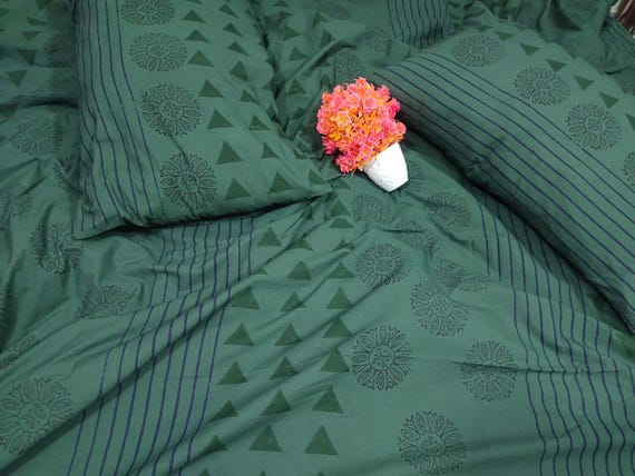 Deep Green Cotton Duvet Cover Set: Handmade Boho Mandala Bedding