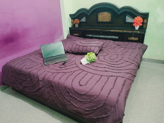 Purple Cotton Tufted Duvet Cover Set: Boho 'U' Design Quilt Cover Sets
