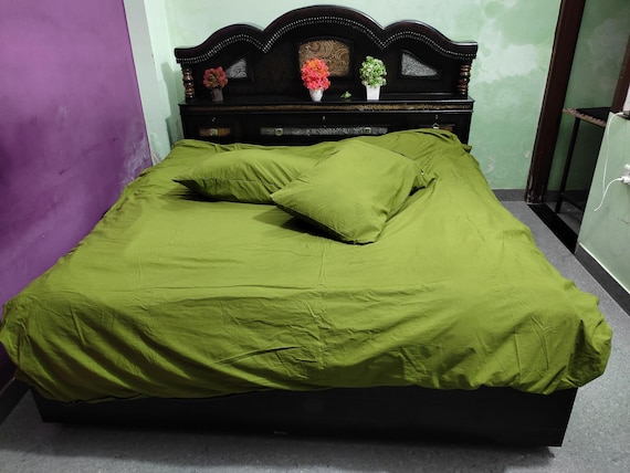 Olive Green Duvet Cover Set with Pillowcases – 100% Cotton Bedding, Soft Breathable Quilt Cover, Boho Quilt Cover, Double/King Sizes