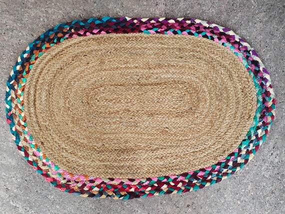Handmade Jute Rug: Multicolor Oval Cotton Carpet, 5x7 Vintage Style