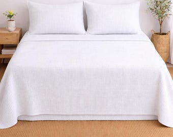 Sábana bajera ajustable de gofre blanco, funda de manta, sábana de cama tamaño Queen/King, juego de ropa de cama de algodón, manta de gofre, funda de sofá