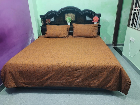 Rust Brown Spiral Block Print Duvet Cover Set - 100% Cotton Bedding