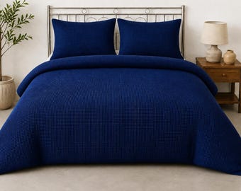 Waffle Cotton Duvet Cover Set: Navy Blue Textured Queen Bedding, Boho Minimalist Style