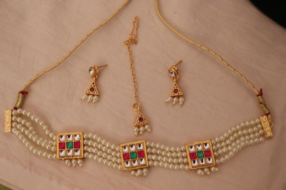 Handmade Brass Polky Necklace Set: Coral Stone, Earrings & Tikka