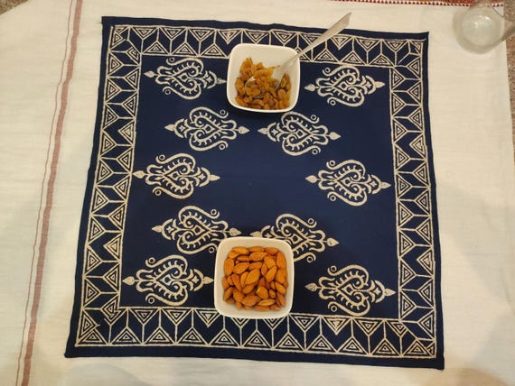 Blue Block Print Cotton Napkins: Handmade Dinner Table Linen