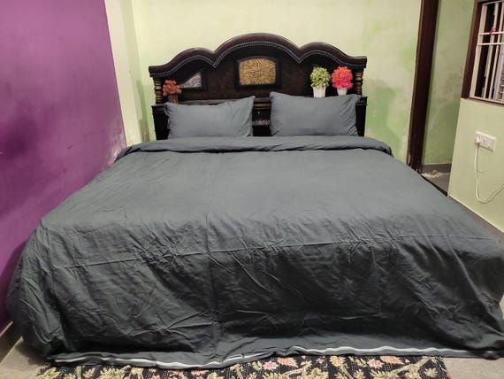 Solid Charcoal Gray Cotton Duvet Cover Set with Pillowcases