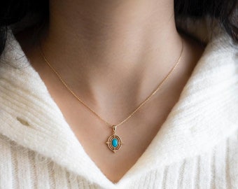14k Solid Gold Turquoise Gemstone Necklace,Gold Turquoise Pendant,Gold Turquoise Jewelry,Real Turquoise Jewelry