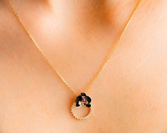 14 Gold Ruby Black Orchid Necklace,Solid Gold Ruby Black Necklace,Dainty Pendant