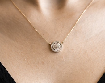 14k Gold baguette necklace,Round gold baguette necklace,14K Dainty Necklace,Deliciate And Sparkles Necklace