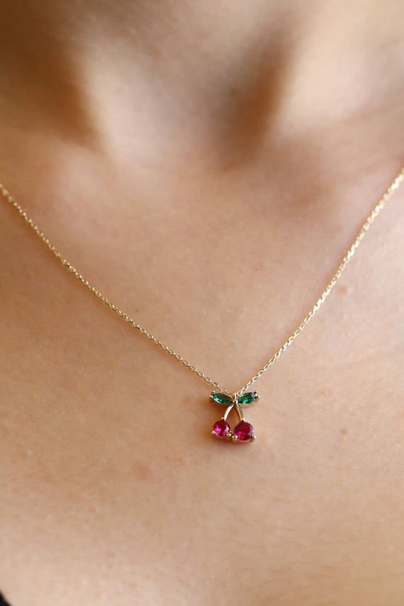 14k Gold Cherry Necklace Real Emerald ruby 14k Solid Gold Cherry