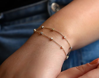 14K Real Gold Double Ball Bracelet, Double Chain Ball Bracelet, Minimalist Double Chain Ball Bracelet