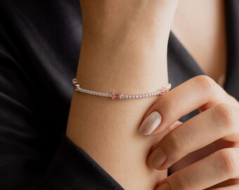 Pink and White Zirconia Bracelet ,14k Prong Setting Alternating Diamond and Ruby Tennis Bracelet ,Push Present ,July Birthstone by Ferkos