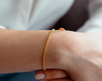 14K Solid Gold Dainty Simple Bracelet, 14K Real Gold Cable Chain Bracelet, Gold Minimalist Bracelet, Bracelet