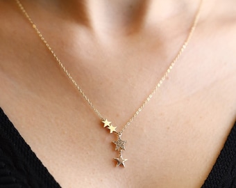 14k Gold Star Necklace, Solid Gold Star Necklace,14kt Real Gold Star Pendant Necklace,Celestial Star Necklace For Women,Gold Star Cluster