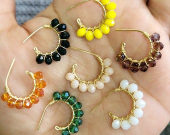 Handmade earrings, hoop beaded, wire wrapped hoops, faceted glass beads, multicolor earrings, small earrings, sparkling beaded hoops
