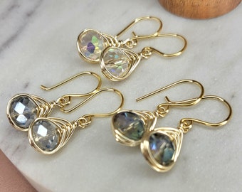 Delicate teardrop earrings, crystal earrings, wire wrapped earrings, sparkling beads, small dangle earrings