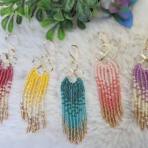 Seed bead earrings, beaded fringe earrings, handmade, multicolor earrings, dangle earrings, boho style earrings