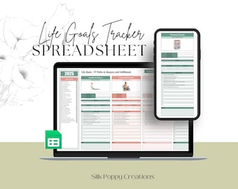 May include: A digital spreadsheet on a laptop screen with the title "Life Goals Tracker Spreadsheet". The spreadsheet is divided into sections for health and fitness, personal growth, and financial goals. The year 2025 is displayed at the top of the spreadsheet. A green icon for Google Sheets is displayed below the laptop.