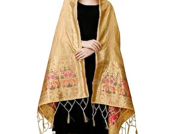 Dupatta de seda Banarasi dorada: bufanda paithani floral para fiestas, regalo para mujeres