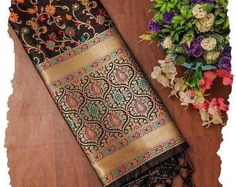 Dupatta de seda Banarasi com estampa floral da Caxemira – Lenço tradicional indiano bordado para festas (multicolorido)