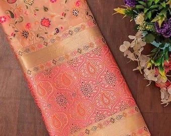 Perzik Banarasi Zijde Dupatta | Geborduurde Indiase kasjmiersjaal