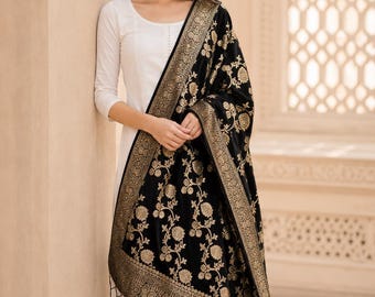 Black Banarasi Silk Dupatta with Gold Zari Border, Traditional Indian Wedding Scarf Chunni Gift, AlchemicLiving
