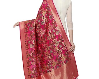 Elegant Banarasi Silk Dupatta with Gold Zari Floral Brocade Border - Indian Party Wear Dupatta