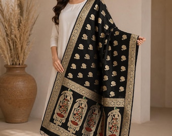 Black Banarasi Silk Kalamkari Dupatta for Women, Embroidered Indian Wedding Scarf