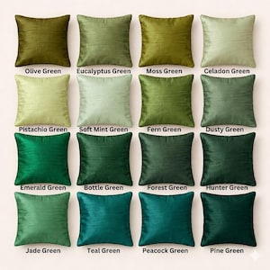 May include: A collection of sixteen square throw pillows in various shades of green. Each pillow is labeled with its color name, including Olive Green, Emerald Green, and Teal Green. The pillows are arranged in a grid pattern, showcasing a range of textures and hues.