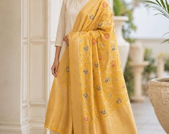 Dupatta de seda Banarasi amarela para mulheres | Estola festiva indiana Paithani Kalmakari para casamento, presente