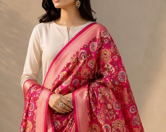 Banarasi Silk Dupatta with Gold Zari Border, Floral Brocade Indian Ethnic Stole