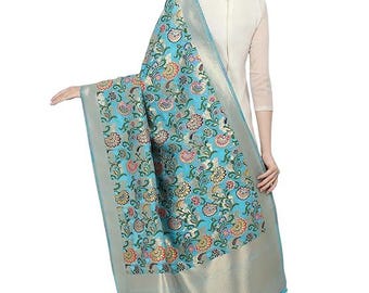 Dupatta de seda Banarasi suave para mujer, borde de brocado, bordado floral, bufanda festiva india de regalo