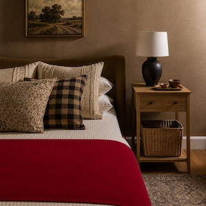 Puede incluir: Un dormitorio con una cama que tiene una manta roja lisa, un cojín con estampado floral, un cojín de cuadros marrones y negros, y cojines color crema texturizados. Una mesita de noche de madera sostiene una lámpara negra y cuencos de madera.