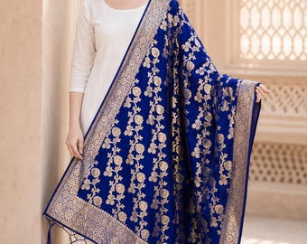 Royal Blue Banarasi Silk Dupatta for Women: Gold Zari Embroidery, Indian Wedding Festive Scarf Gift